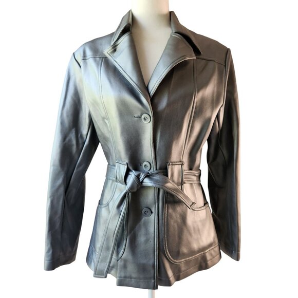 Vintage Y2K BB Dakota Faux Leather Jacket Silver Gray Belted Waist Womens Medium - Picture 1 of 7